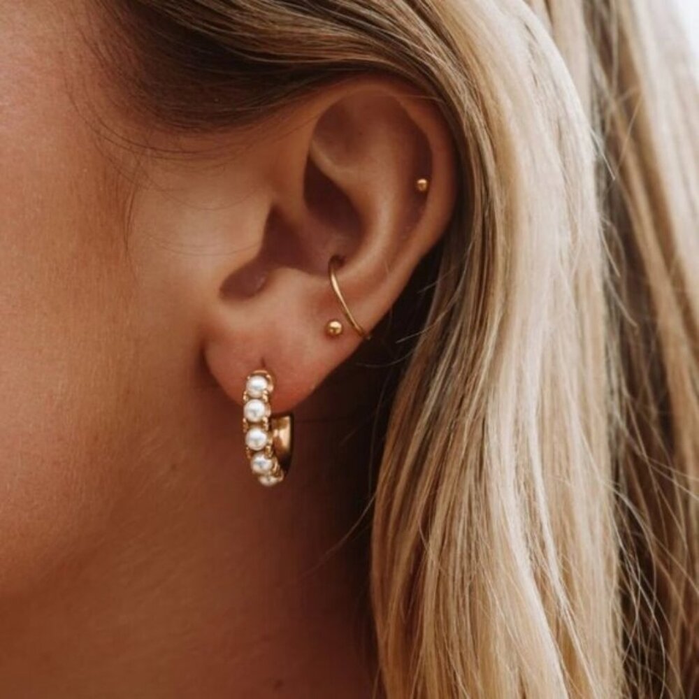 Gold Pearl Huggie Earrings Waterproof Non Tarnish Everyday Pearl Hoop Earrings